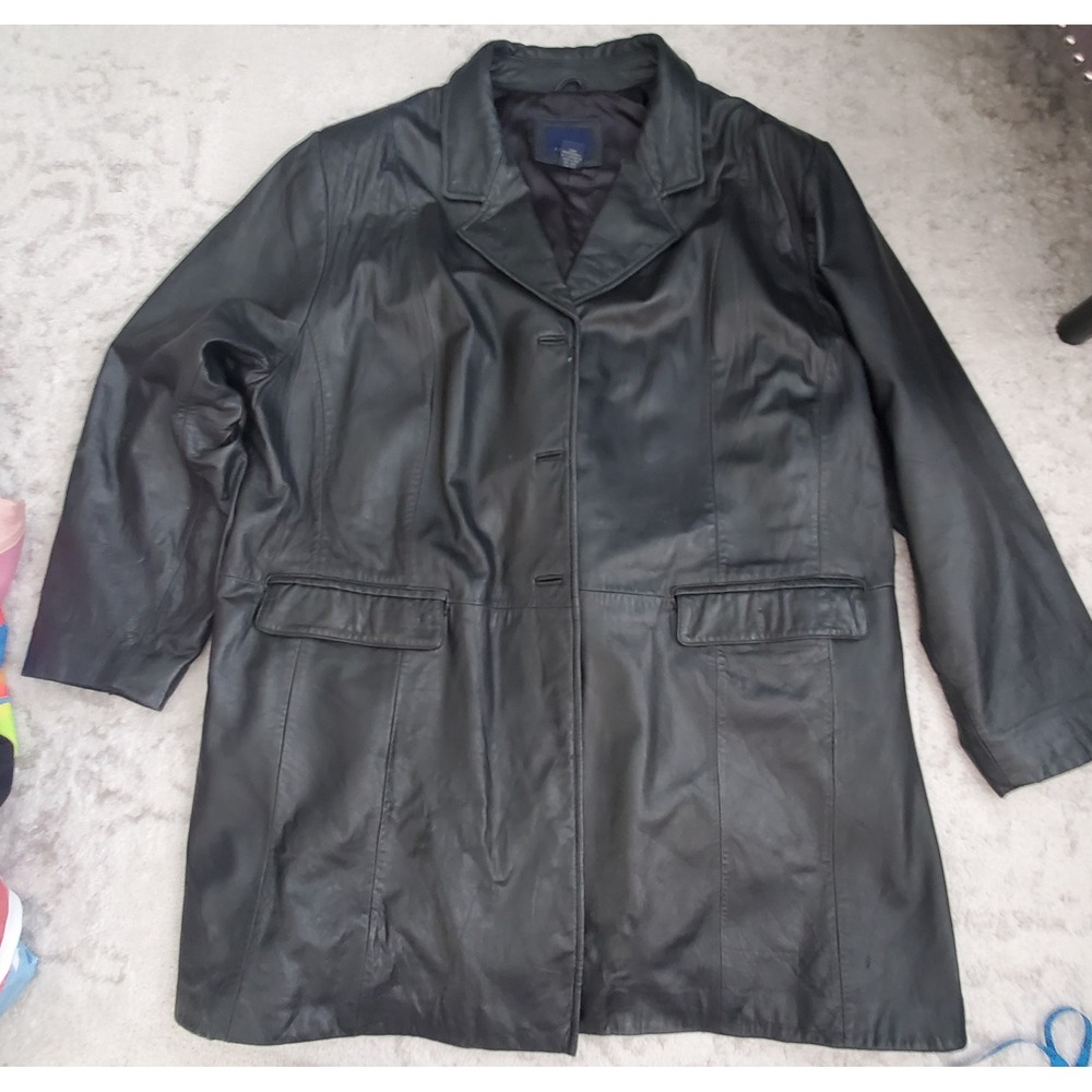 Venezia Black Leather Car Coat Size 26/28 Button Front Mid Length Jacket Y2K